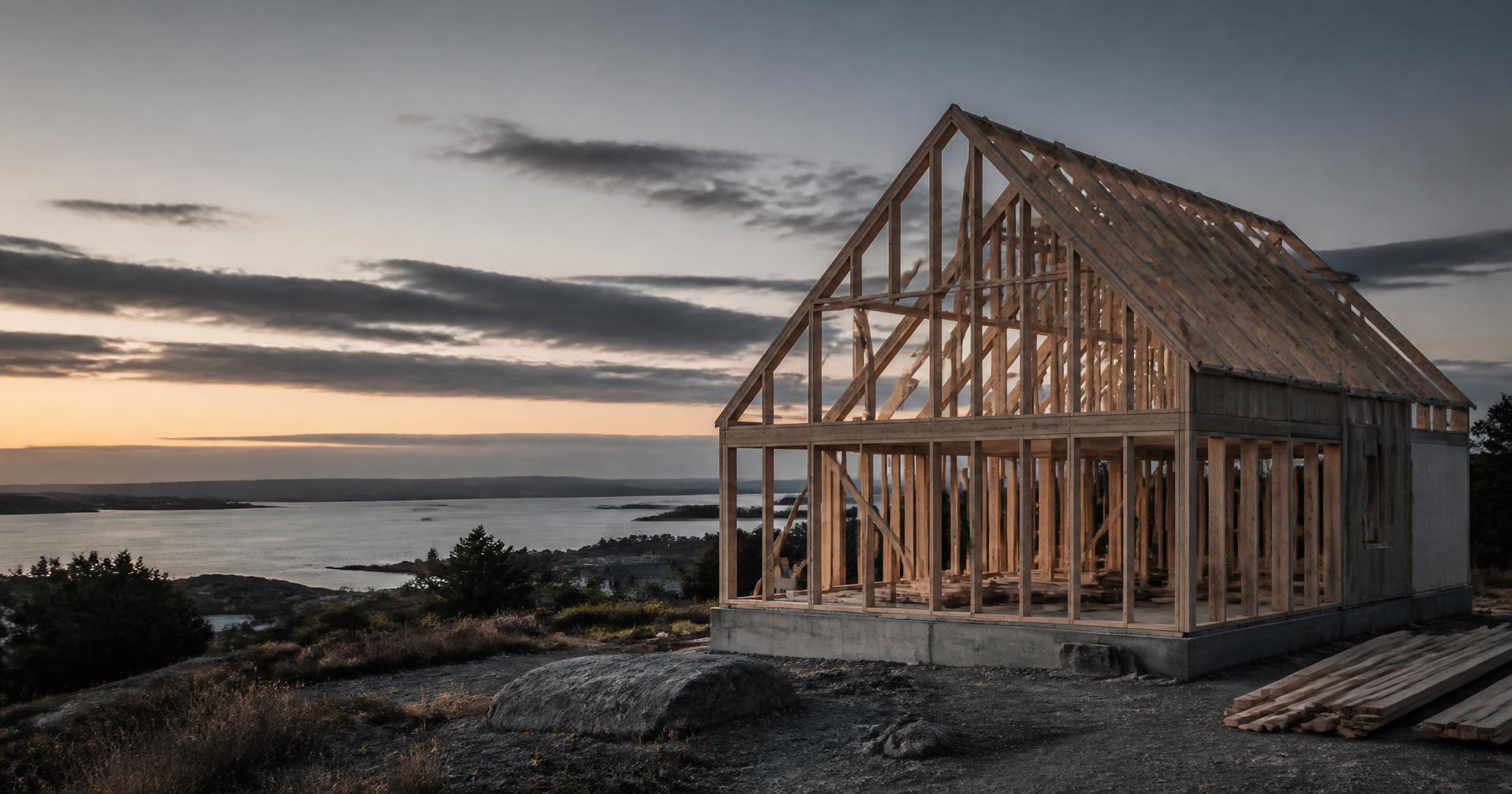 Trästomme till ett hus i skymningsljus vid kusten
